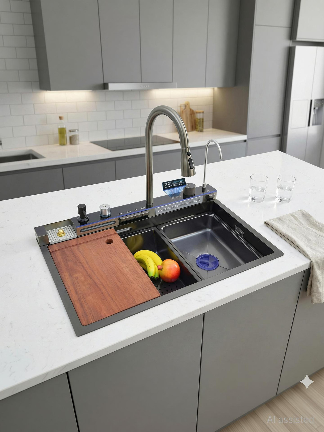 Image of Fossa 30 inchx18 inchx09 inch 5-Years Warranty Piano Waterfall Kitchen Sink ,Integrated Waterfall Pull Out Faucet Stainless Steel Sink With LED Pannel And Digital Display Piano Vessel Sink