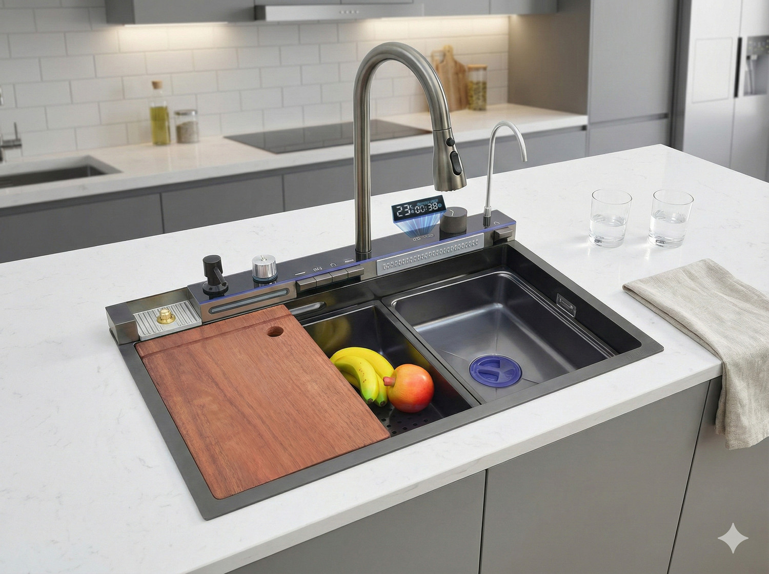 Image of Fossa 30 inchx18 inchx09 inch 5-Years Warranty Piano Waterfall Kitchen Sink ,Integrated Waterfall Pull Out Faucet Stainless Steel Sink With LED Pannel And Digital Display Piano Vessel Sink