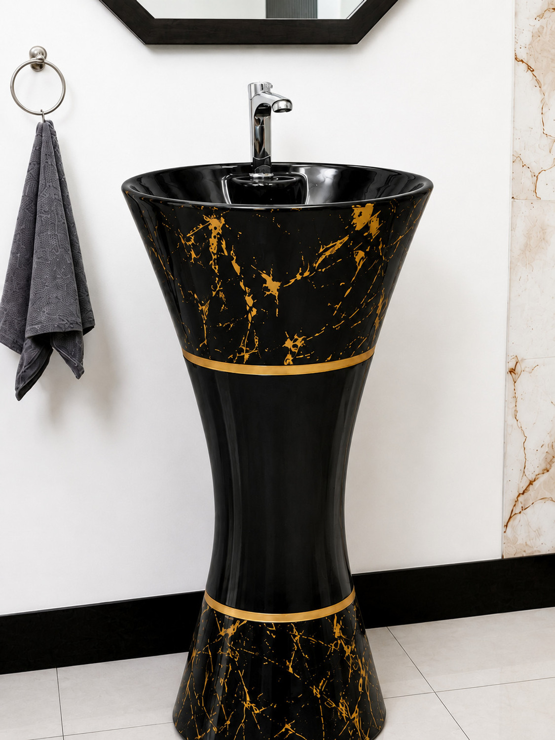 Image of LUXEHOME Easy-to-clean glazed finish with low maintenance Orbit Marble Designer Freestanding Ceramic Pedestal Wash Basin with Gold Accent Pedestal Basin