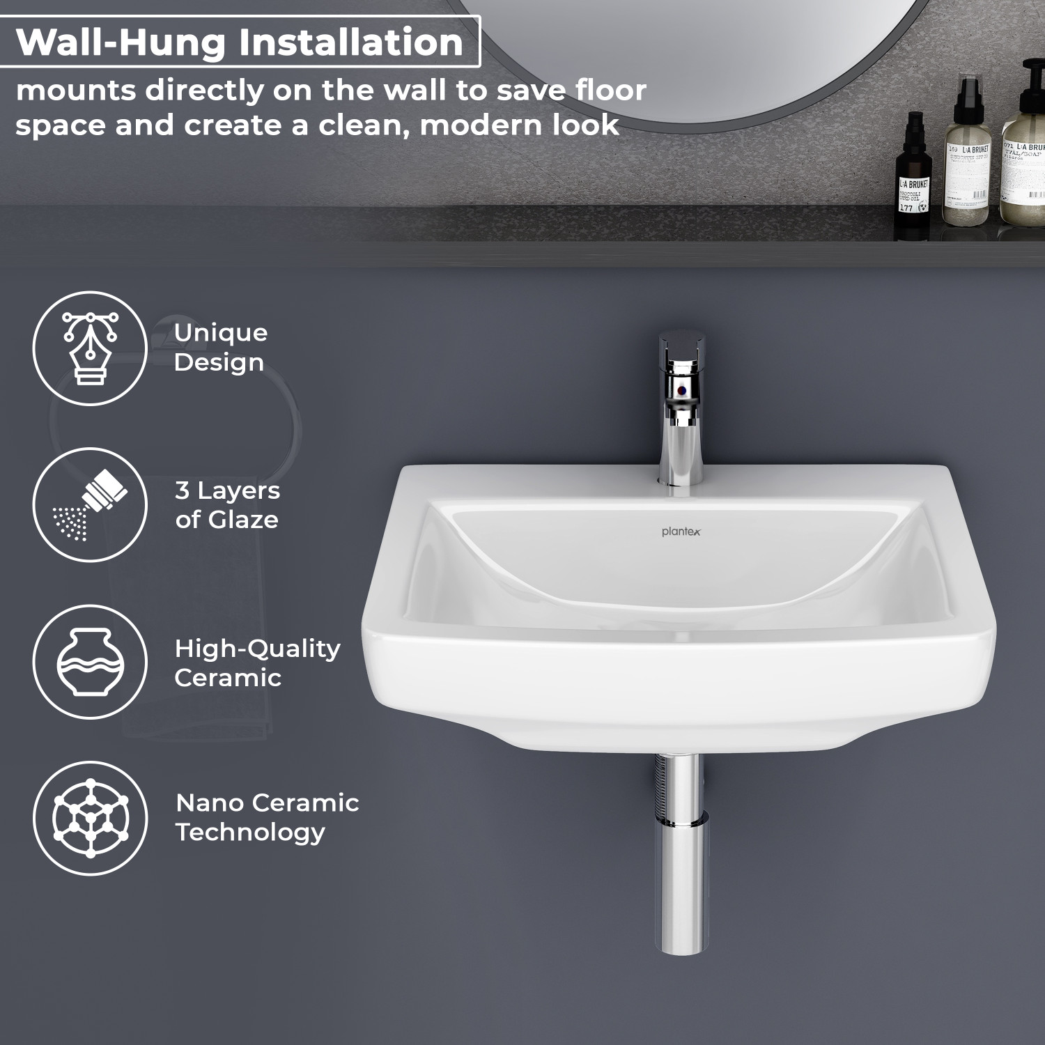 Image of Plantex Ceramic Washbasin for Bathroom /Rectangle Wall Hung Wash Basin for Home Wall Hung Basin