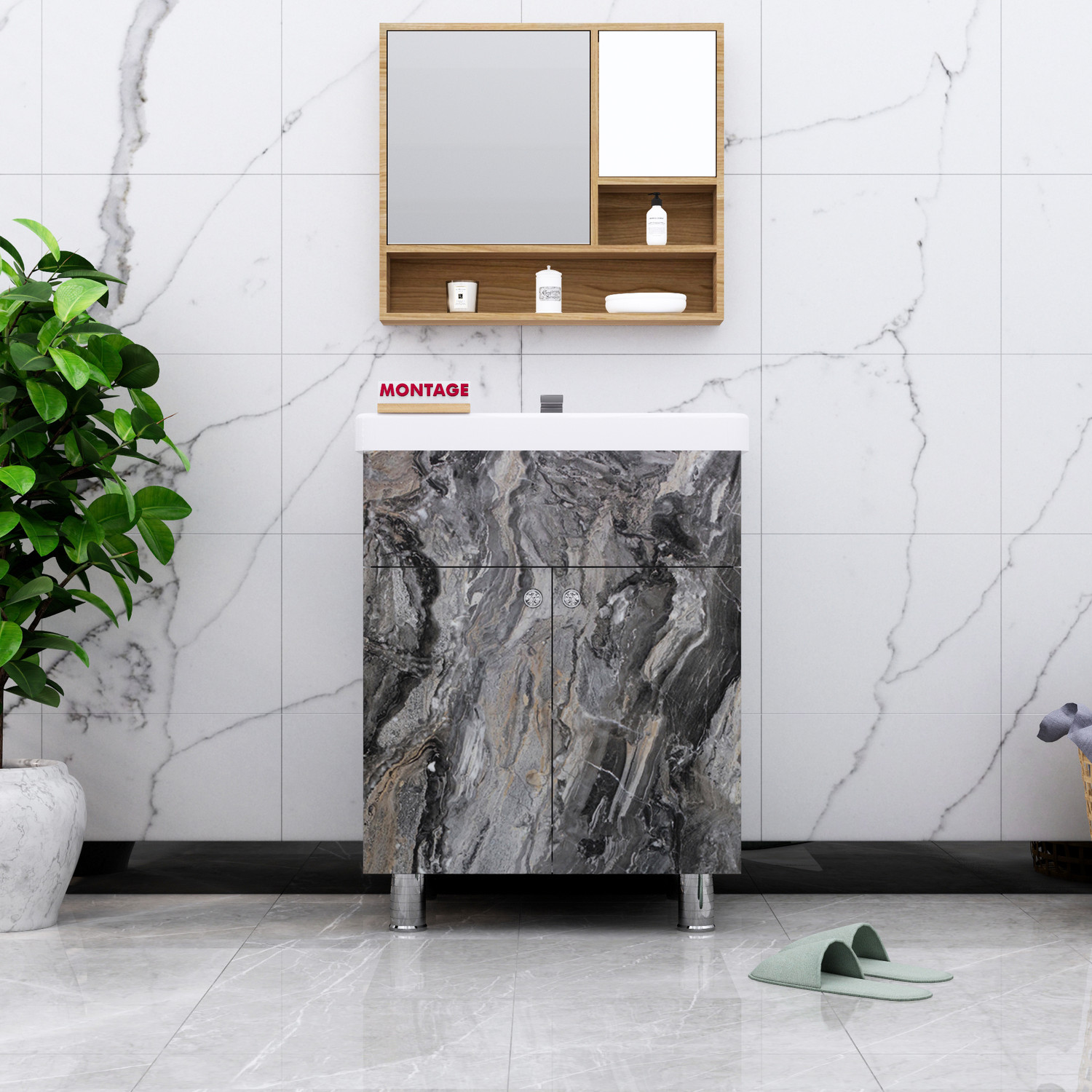 Image of MONTAGE Wash Basin Vanity Cabinet with Ceramic Basin Water Resistant HDHMR Wood Material Best Under Counter Basin