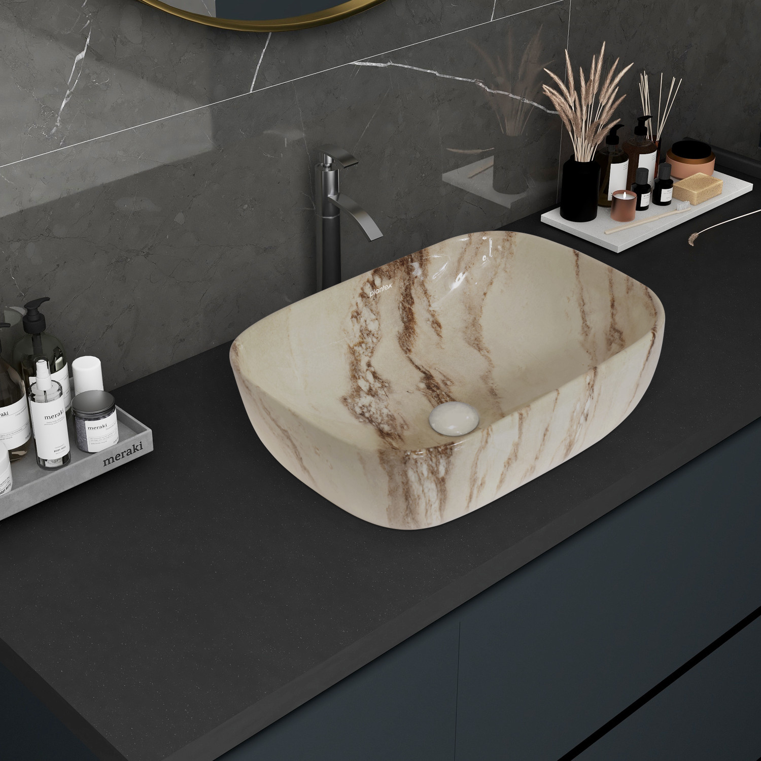 Image of Plantex Ceramic Washbasin /Wash Basin Hand Wash /Tabletop Wash Basin-Marble Finish (ALPHA-NS-139) Table Top Basin