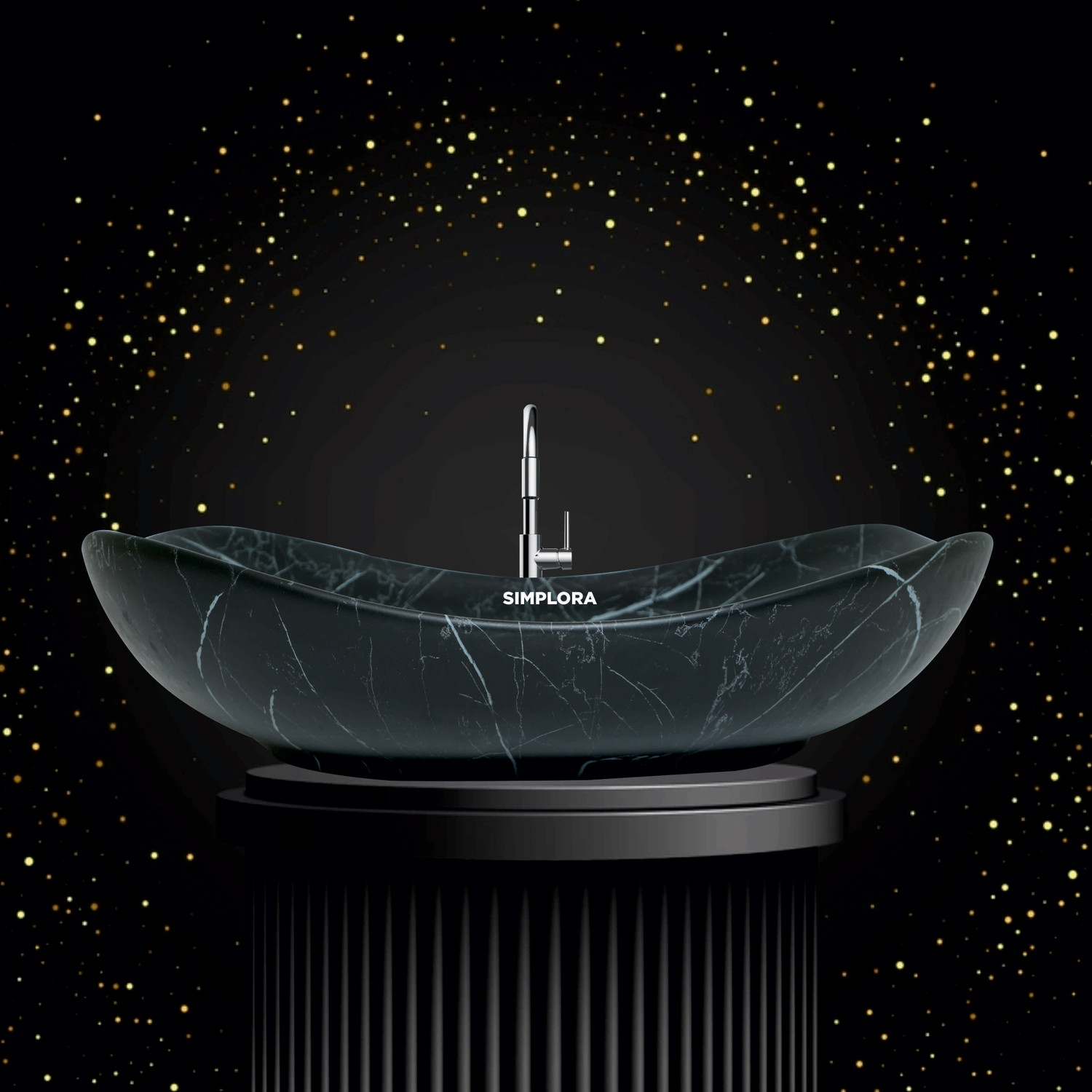 Image of SIMPLORA Veined Marble Look Vessel with Black Shades Organic Curved Veined Marble Look Vessel with Black Shades Organic Curved Table Top Basin