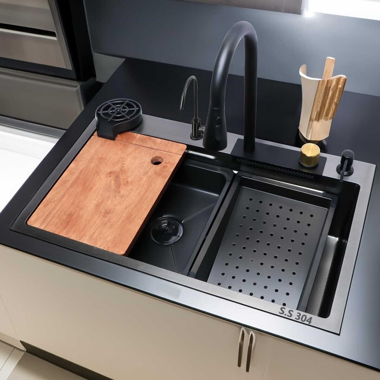Image of Q-IMAGE Multifunctional Waterfall Kitchen Sink 30x18x9 inch Steel 304 Multifunction Sink Waterfall Sink All in One Kitchen Sink Digital Sink Vessel Sink