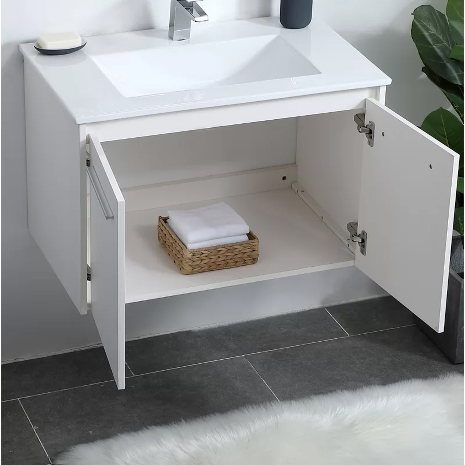 Image of MONTAGE Washbasin Vanity with Ceramic Wash Basin Sink | Wall Hanging | Water Resistance | Modern Bathroom Cabinet (DMS00159) Under Counter Basin