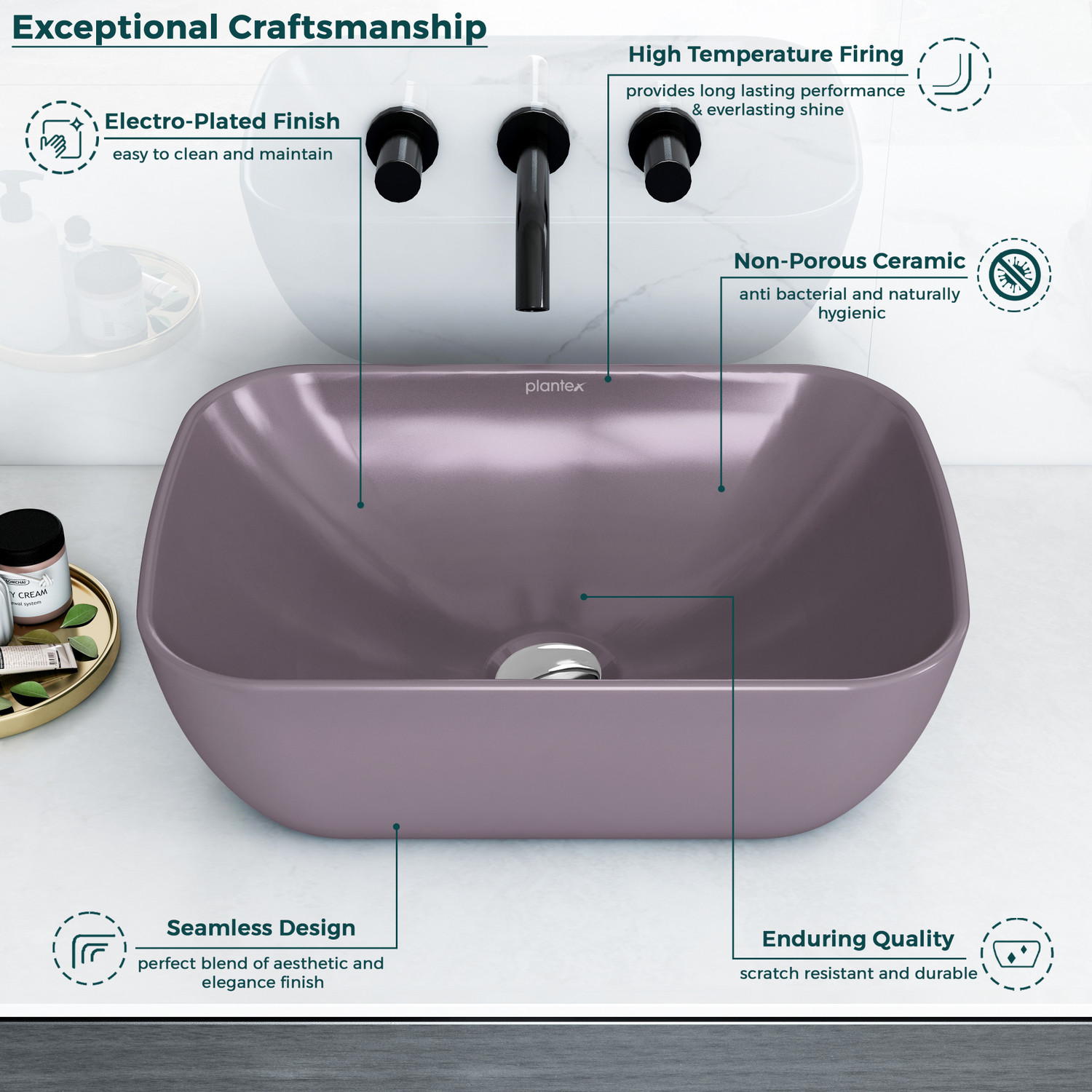 Image of Plantex Wash Basin for Bathroom /Ceramic Tabletop Wash Basin /Wash Basin Hand Wash (G02-Pink) Counter Top