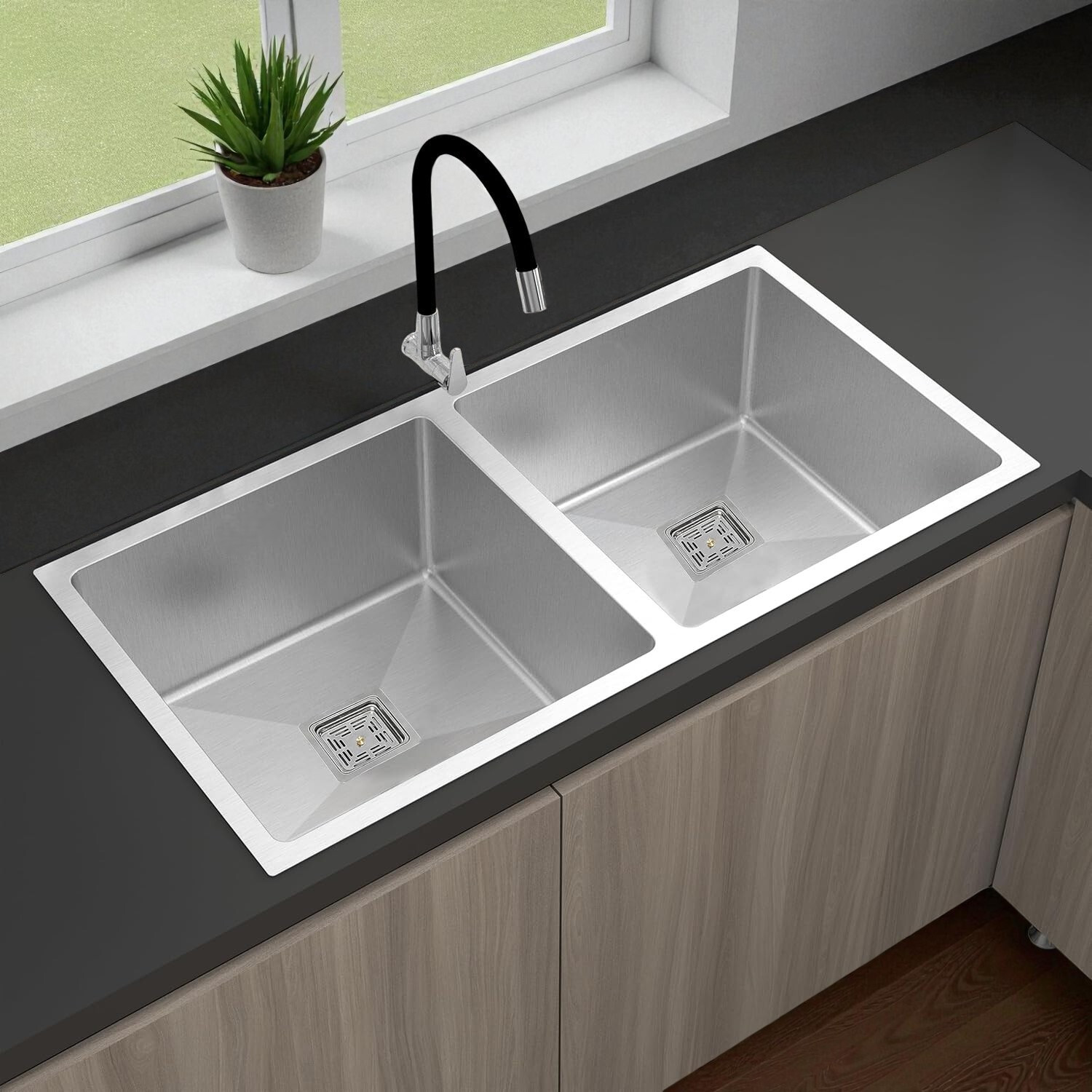 Image of chirag Kitchen Sink 45x20x10 Double Bowl, 45 Inch, SS304, 16-Gauge Stainless Steel Sink CSS4520M Vessel Sink