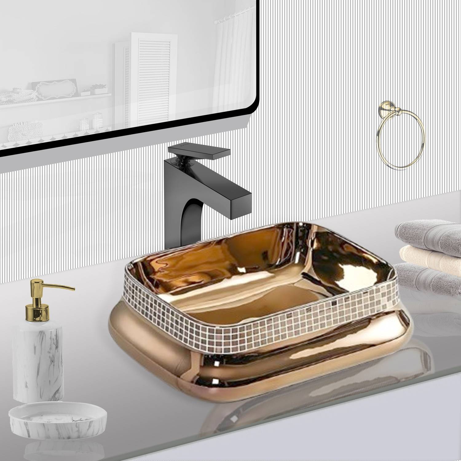 CERAMICA CREATIONS CERAMICA Premium Golden Basin(L39.5 X W33.5 X H12.7Cm)HA3501 CERAMIC TABLE TOP Table Top Basin