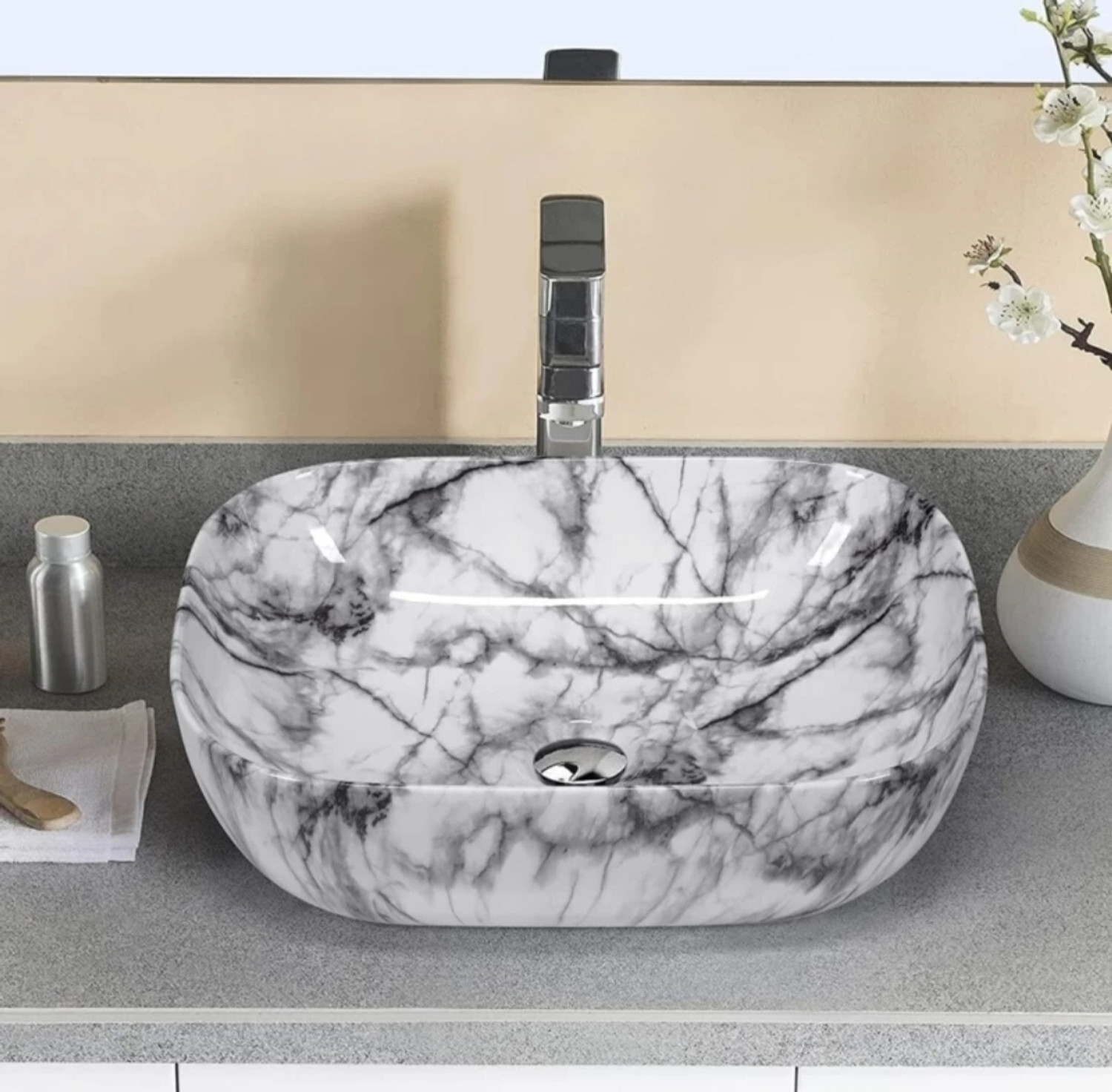 Image of MOZATO (18*13*5) inch very stylish ceramic glossy finish top counter wash basin / (45*32.5*13.5) cm very attractive marble design ceramic table top wash basin / Table Top Basin