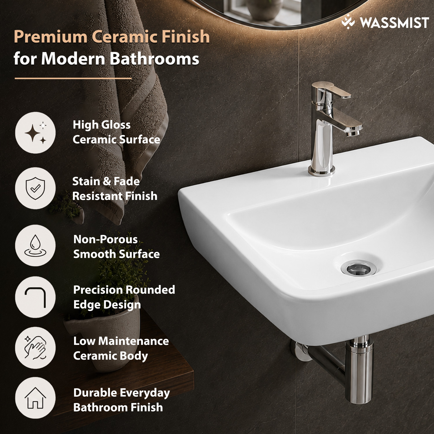 Image of WASSMIST Wash Basin for Bathroom | Wall Mounted Wall Hung Basin (White)