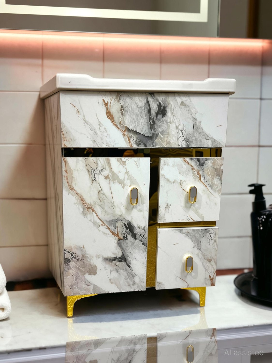 Image of BOBBYEXPORT Gold premium 24 inch freestanding Vanity with washbasin premium design three draws Table Top Basin