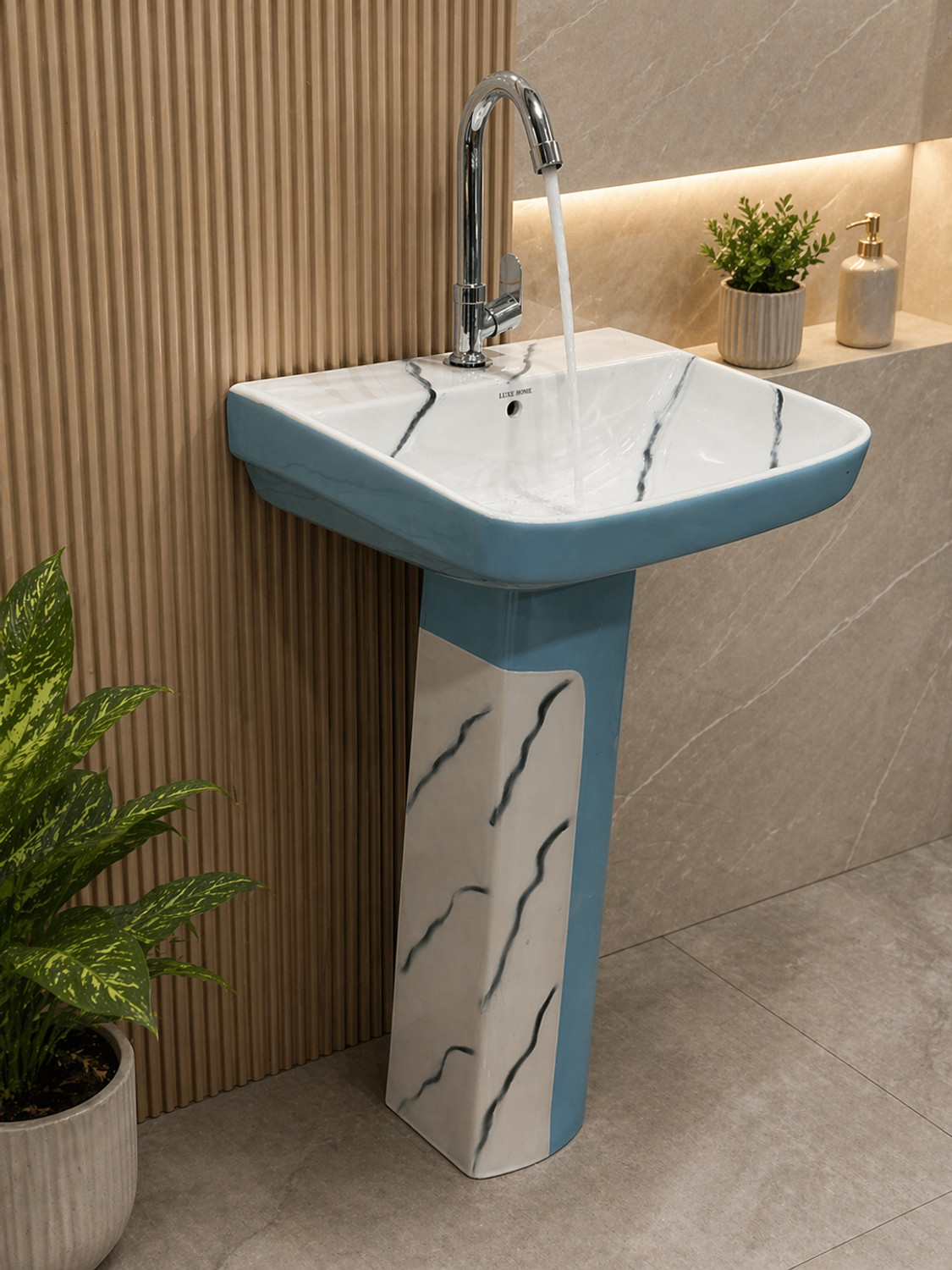 Image of LUXEHOME Elegant Ceramic Standing Wash Basin with Pedestal - Glossy Finish Modern Designer Pedestal Wash Basin Sink for Bathroom Home Decor Stylish Finish Pedestal Basin