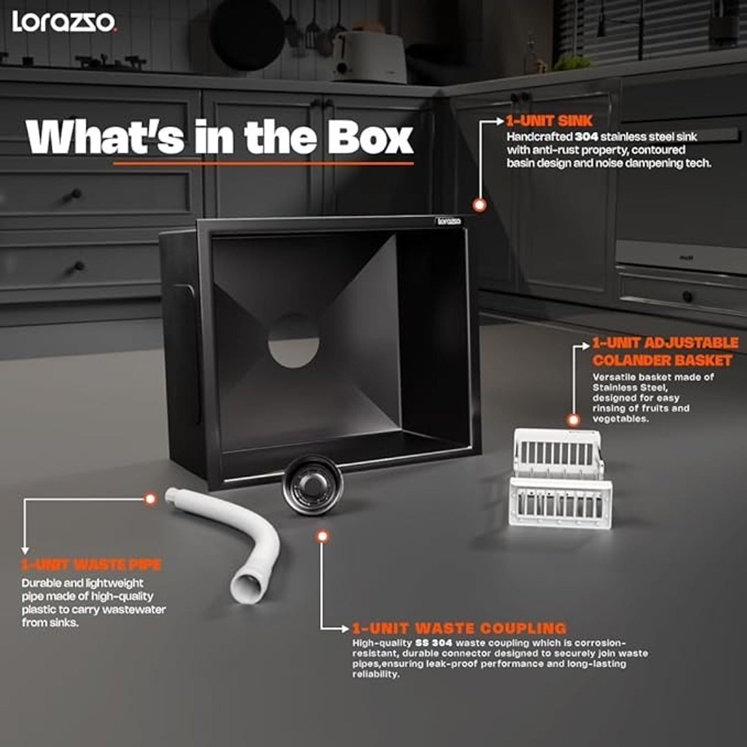 Image of Lorazzo Lustr Stainless Steel Sink for Kitchen - 21x18 Inch Gun Metal Black | Premium SS 304 Kitchen Sink with Waste Coupling, Basket & Pipe | Vessel Sink