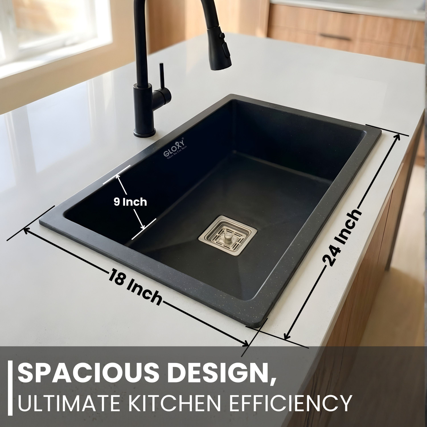 Image of GLOXY Kitchen Sink 24 inchx18 inch Quartz Granite Black Single Bowl | Sink Wash Basin with Drain Rack | Basket with Hose Pipe and Waste Coupling (24x18 Inches) Vessel Sink