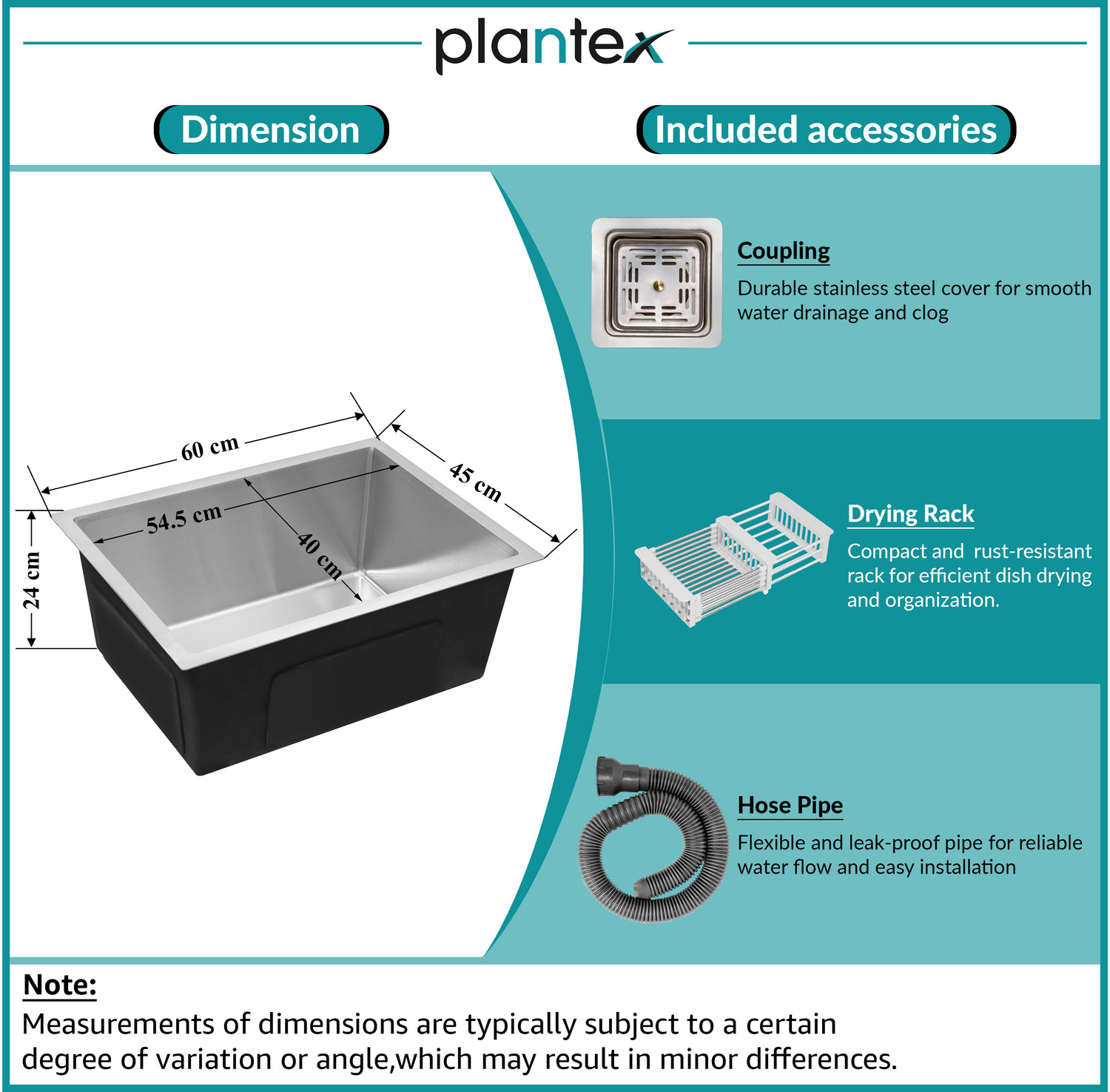 Image of Plantex Stainless Steel Kitchen Sink /Sink for Kitchen Stainless Steel Handmade Kitchen Sink With Drain Rack (24x18 Inches) Vessel Sink