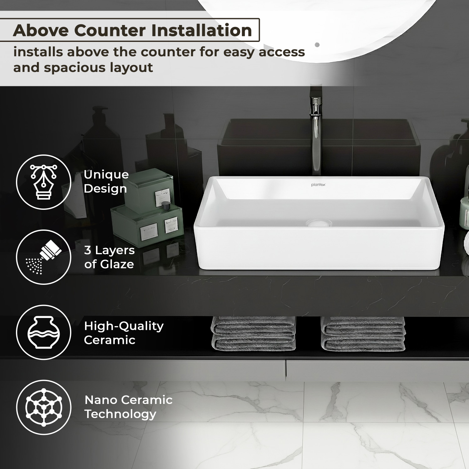 Image of Plantex Tabletop Wash Basin /Washbasin Platinium Tabletop Ceramic Rectangle Wash Basin /Countertop Sink (23.5x13.5x4.5) Table Top Basin