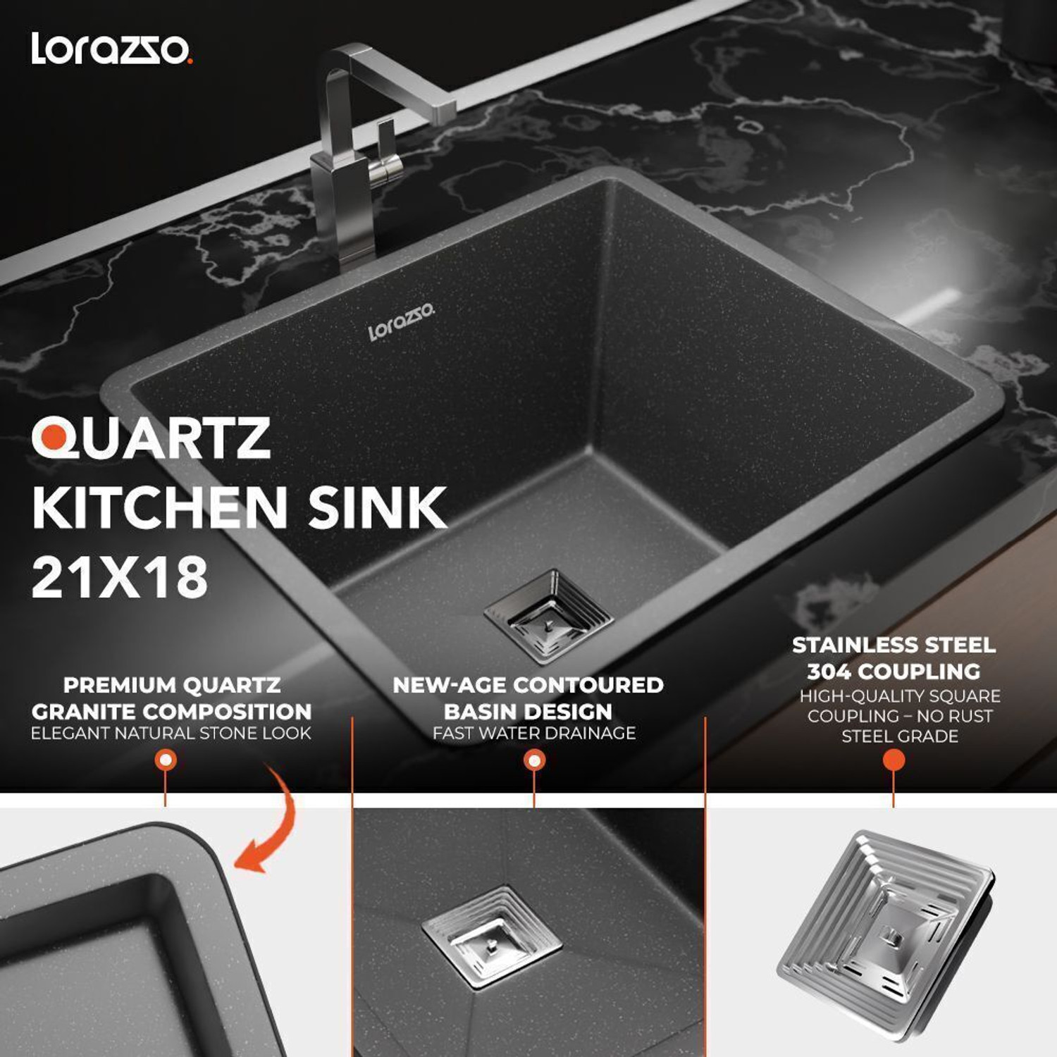 Image of Lorazzo Quartz Kitchen Sink - 21X18 Vessel Sink