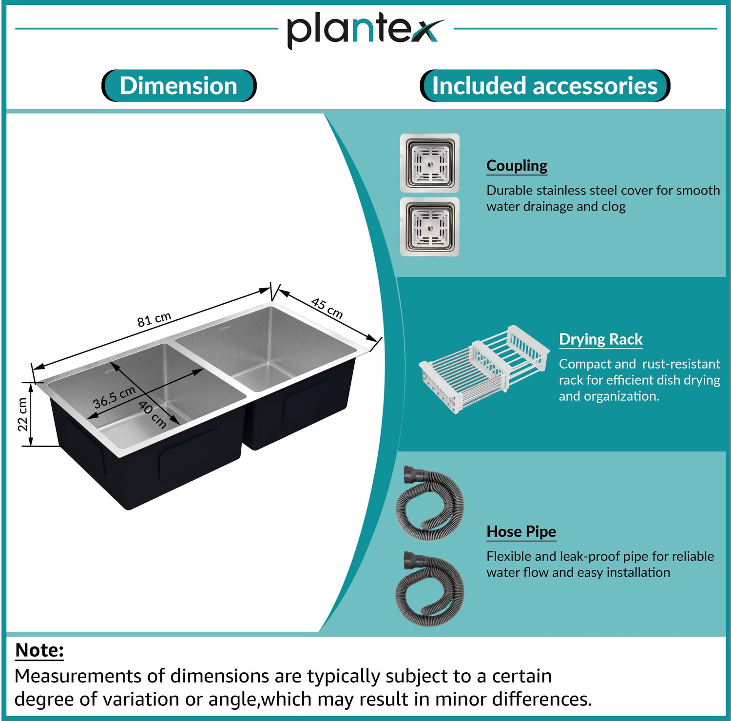Image of Plantex Kitchen Sink /Stainless Steel Double Bowl Sink /Handmade Kitchen Sink Multi-Functional Drying Rack, Hose Pipe and Square Coupling (32x18x9 Inches) Vessel Sink