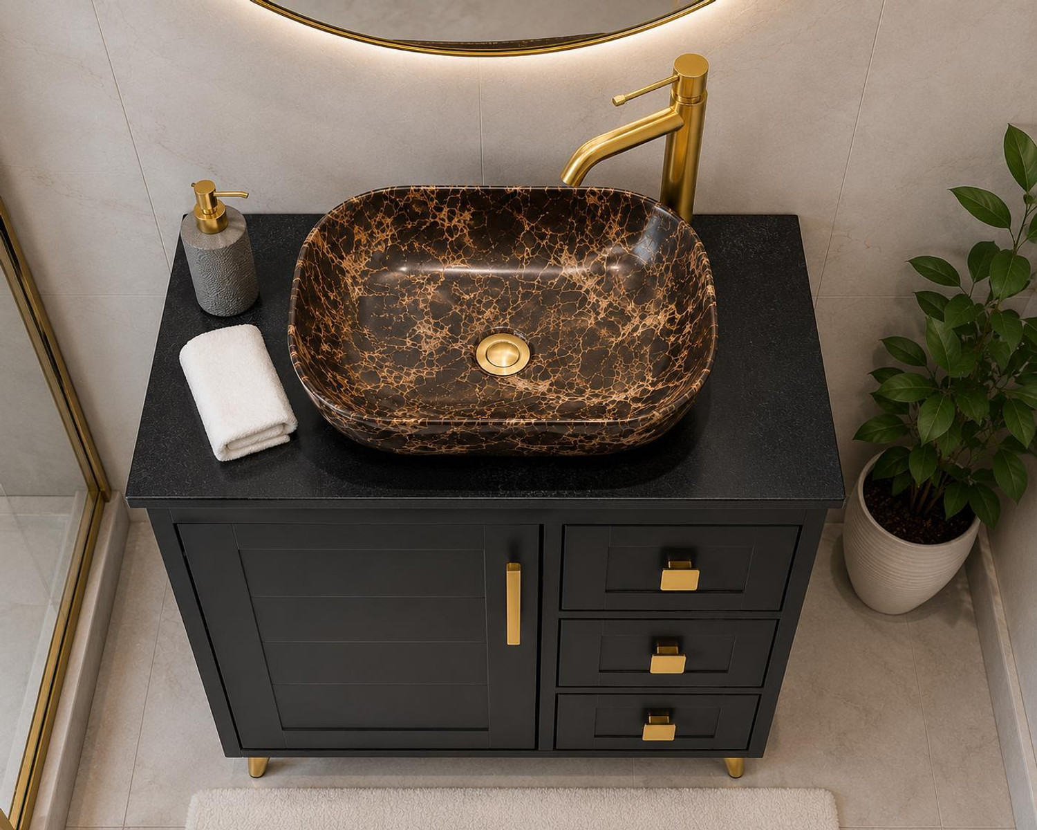 Image of CLEOPATRA Premium Pu black 24 inch freestanding Wash Basin Vanity Cabinet For Bathroom PU-01 BLACK Over Counter Basin (BLACK CLOUR)
