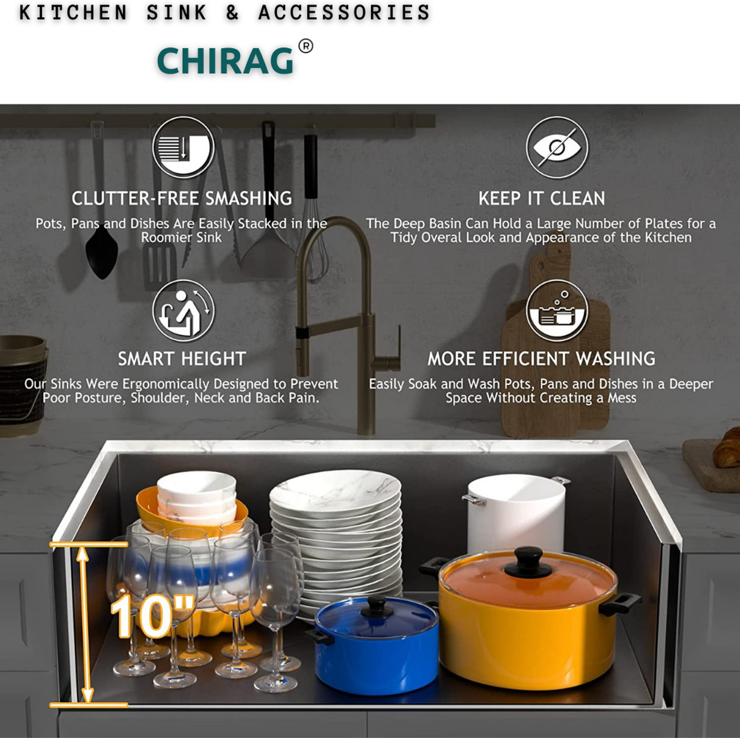 Image of chirag Kitchen Sink 22 Inch (22x18x10) Single Bowl Handmade SS304 Stainless Steel Sink CHM2218M | HANDMADE SINK WITH FRUIT BASKET & PVC PIPE | PREMIUM QUALITY | SINK Vessel Sink
