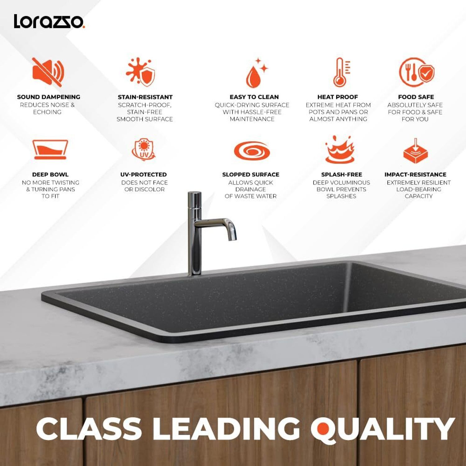 Image of Lorazzo Quartz Kitchen Sink - 24X18 Vessel Sink (Midnight Black) Quartz Kitchen Sink - 24X18 Vessel Sink