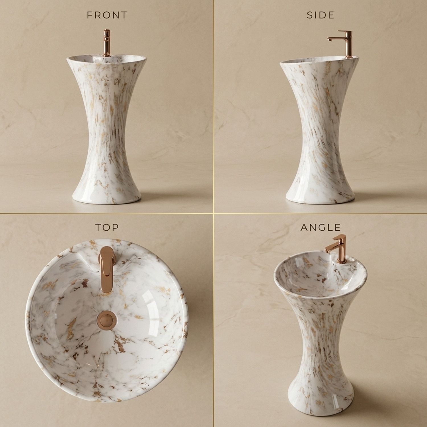 Image of DELTA SANITARYWARE Pedestal Onepiece Designer White and Gold Design Washbasin (16*16)(M01) Pedestal Basin