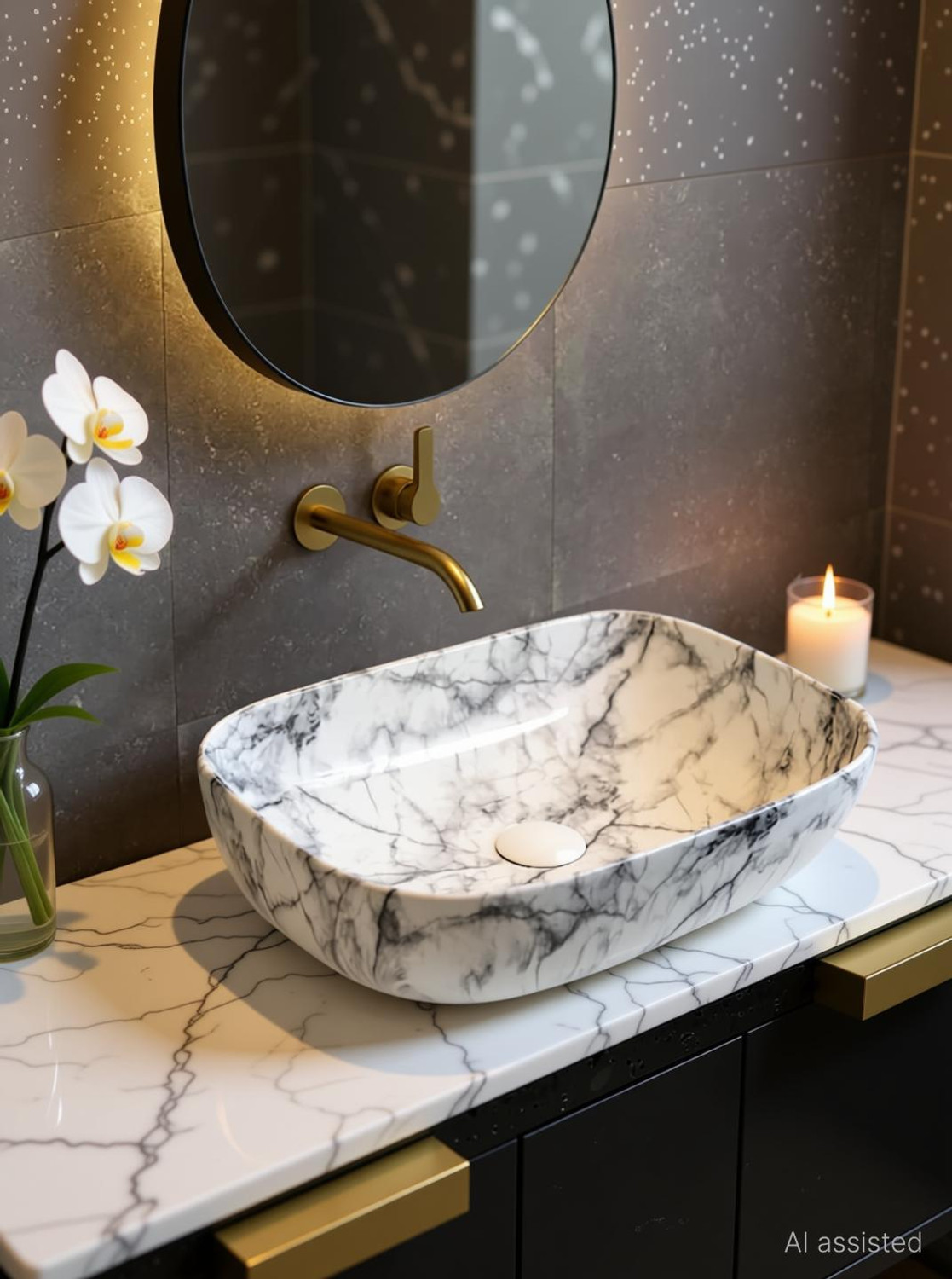 Image of MOZATO (18*13*5) inch very stylish ceramic glossy finish top counter wash basin / (45*32.5*13.5) cm very attractive marble design ceramic table top wash basin / Table Top Basin