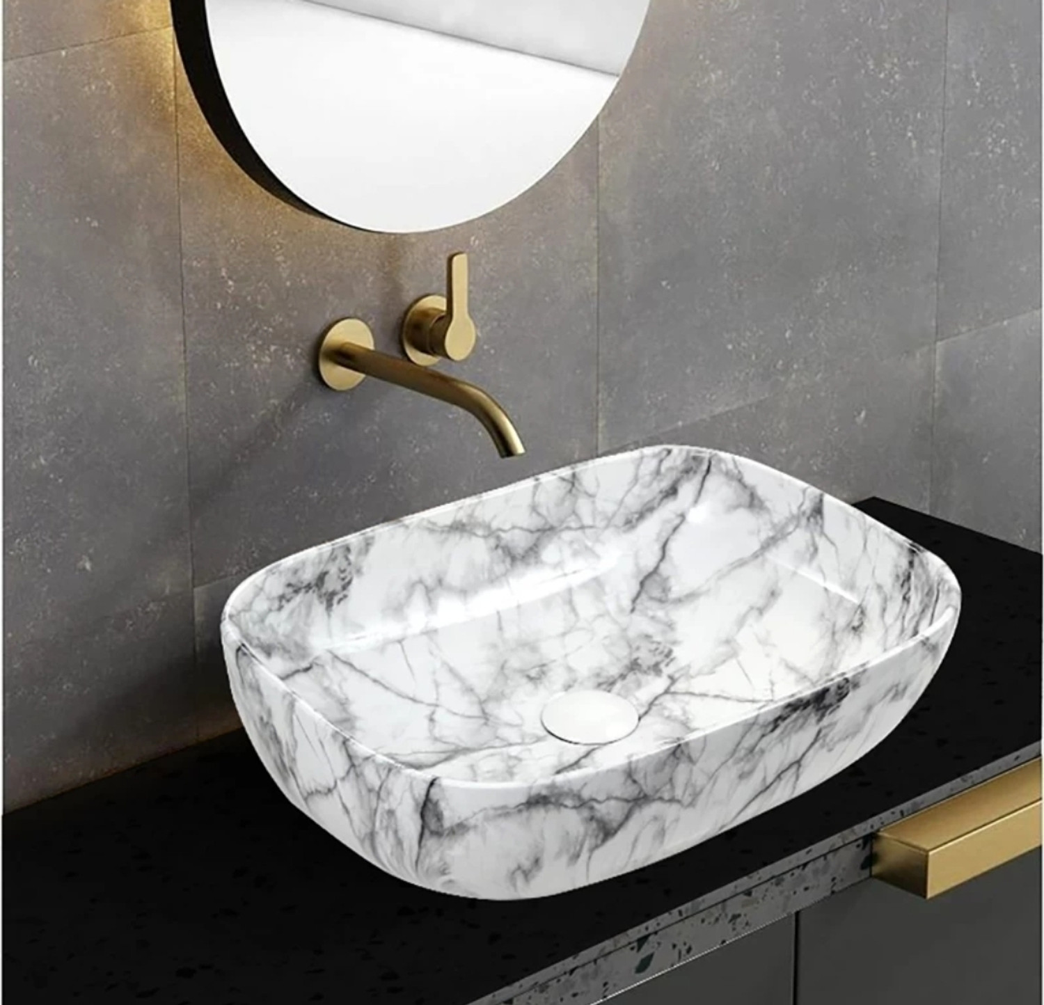 Image of MOZATO (18*13*5) inch very stylish ceramic glossy finish top counter wash basin / (45*32.5*13.5) cm very attractive marble design ceramic table top wash basin / Table Top Basin