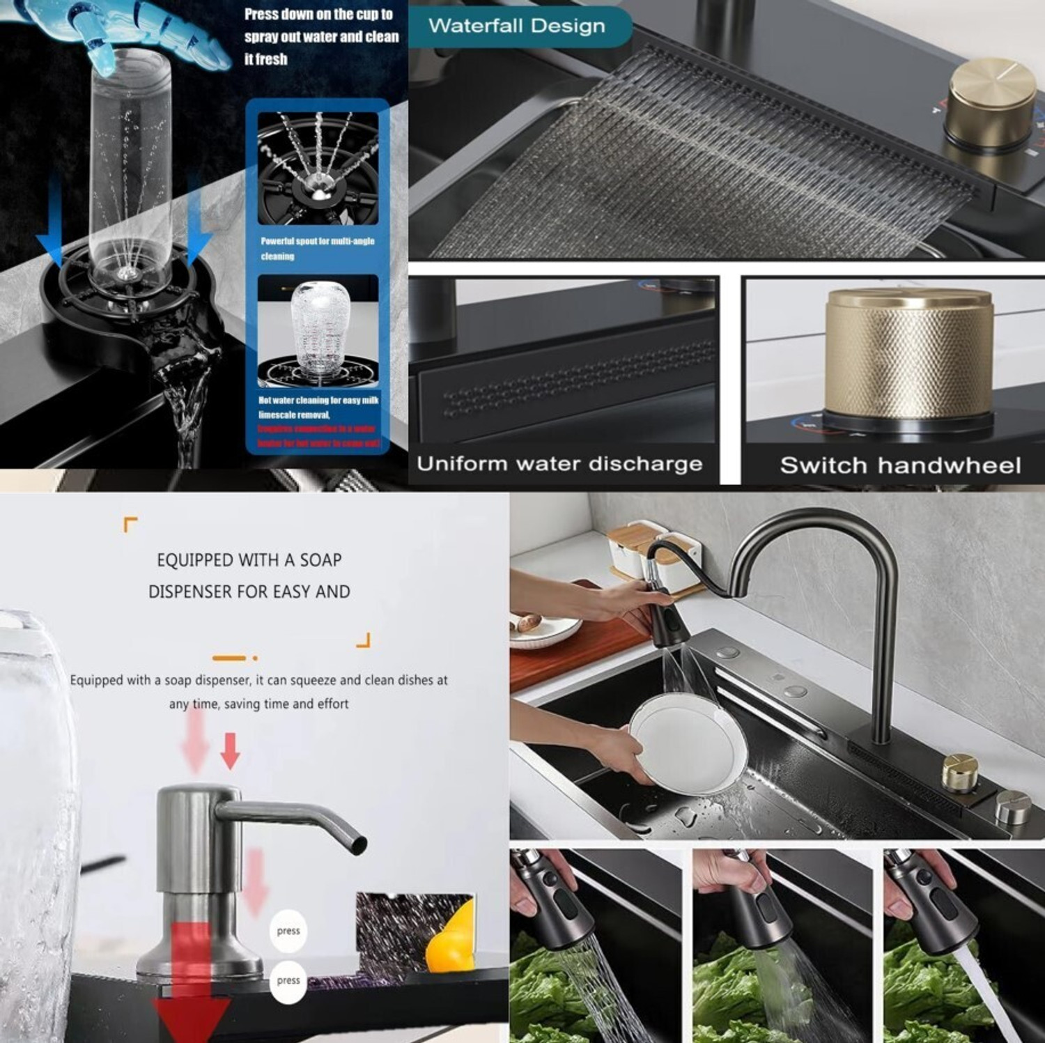 Image of Q-IMAGE Multifunctional Waterfall Kitchen Sink 30x18x9 inch Steel 304 Multifunction Sink Waterfall Sink All in One Kitchen Sink Digital Sink Vessel Sink