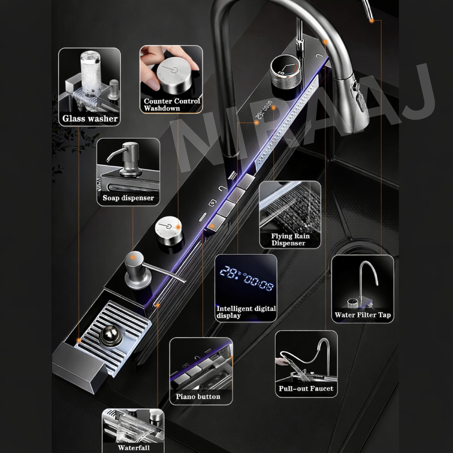 Image of NIRAAJ Smart kitchen sink 30x18x9 Piano-N Vessel Sink