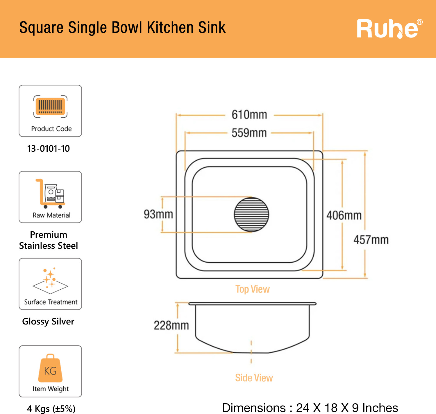 Image of RUHE Square Single Bowl 24x18x9 Inches Kitchen Sink| Premium Stainless Steel Sink 24X18X9Inches Vessel Sink