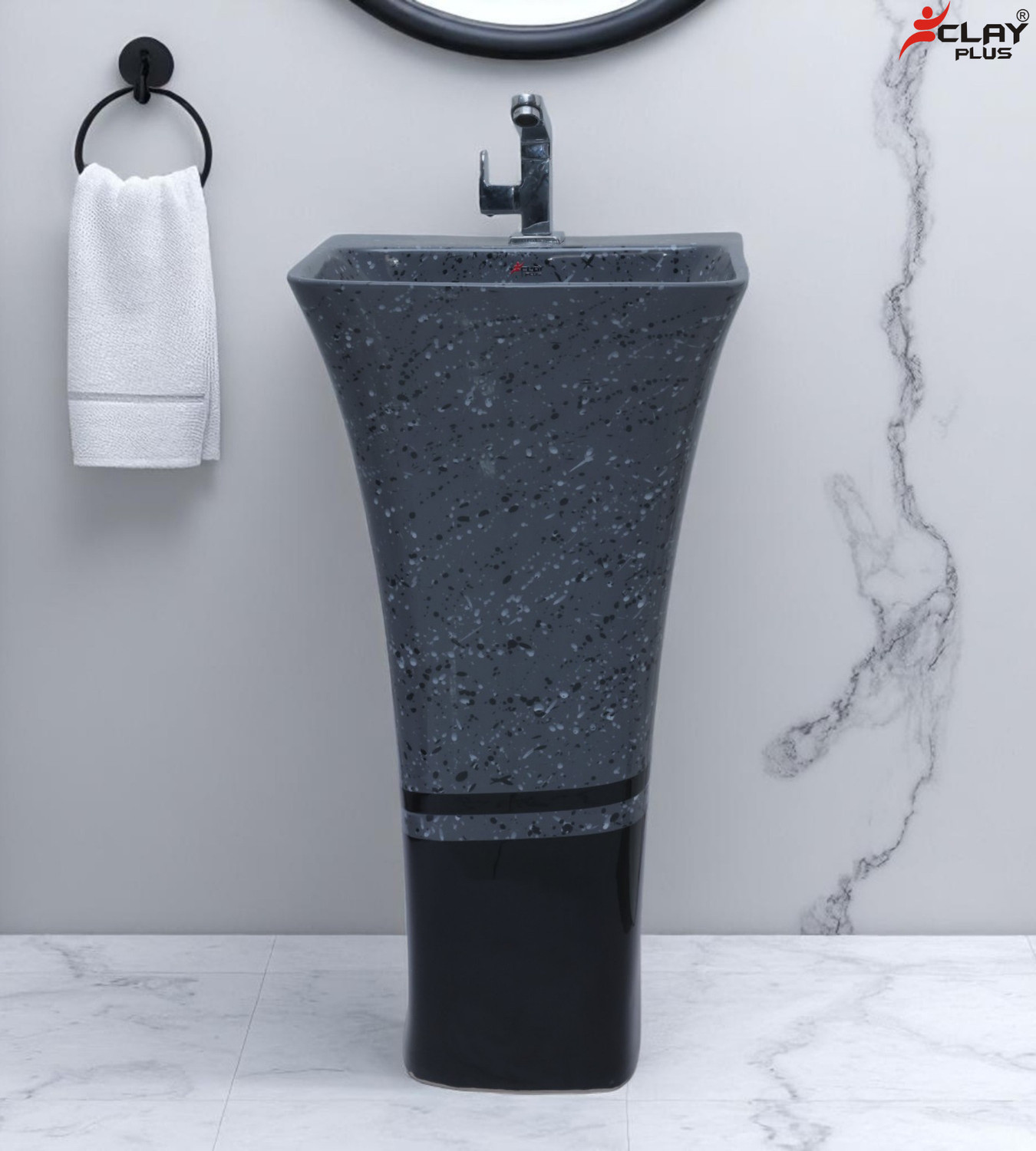 Image of clayplus Ceramic One Piece Pedestal Standing Wash Basin For Livingroom & Bathroom / / Glossy Grey with Black Shade Combination Marble Shade Standing Wash Basin' Pedestal Basin