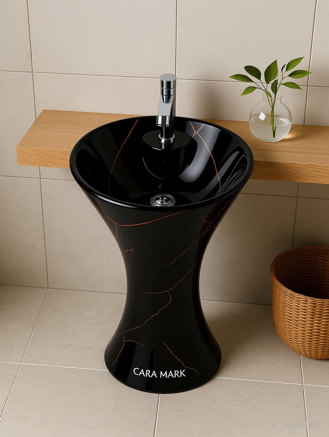 Image of CARA MARK Premium Ceramic Wash Basin - Modern Damru- Scratch Resistant, Easy to Clean - Ideal for Bathrooms, Hotels & Dining Spaces- Pedestal Basin