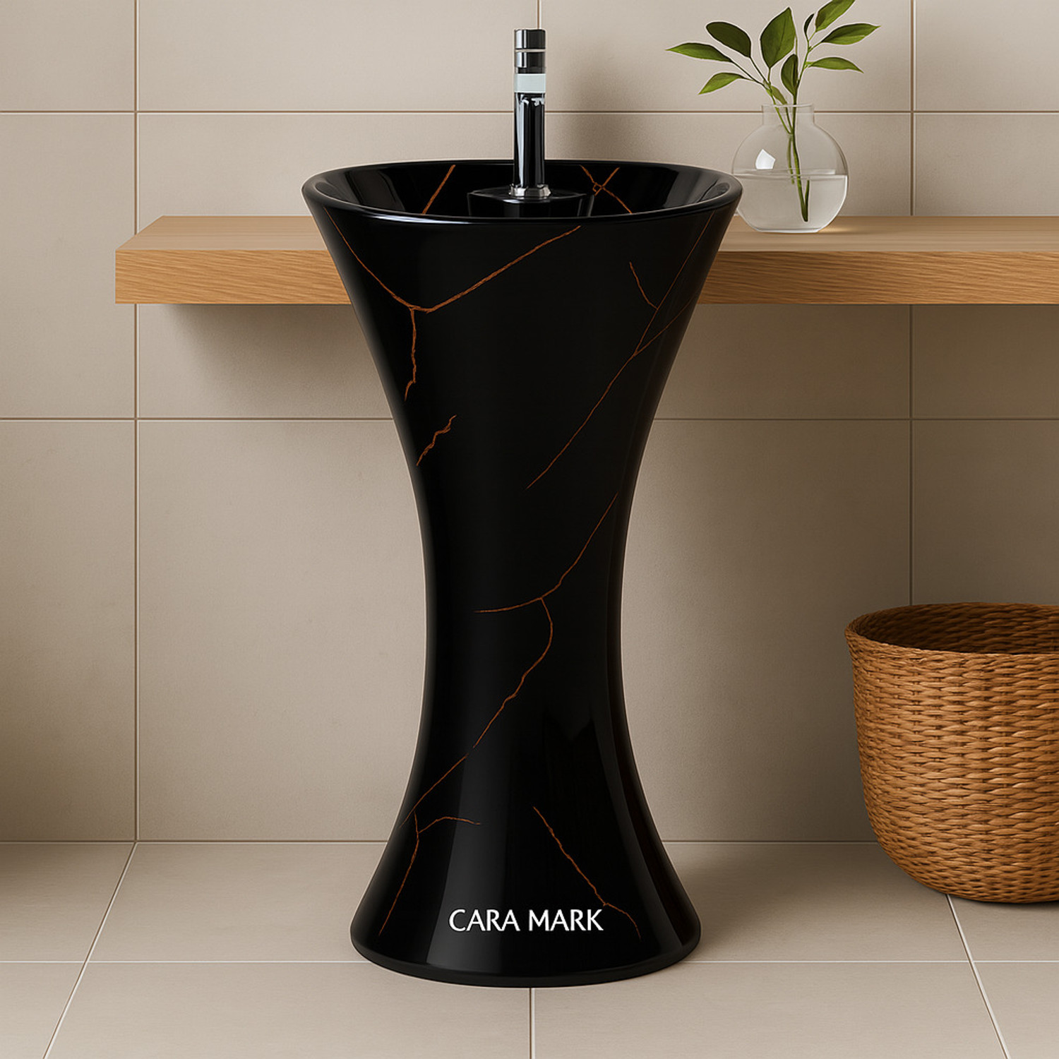Image of CARA MARK Premium Ceramic Wash Basin - Modern Damru- Scratch Resistant, Easy to Clean - Ideal for Bathrooms, Hotels & Dining Spaces- Pedestal Basin