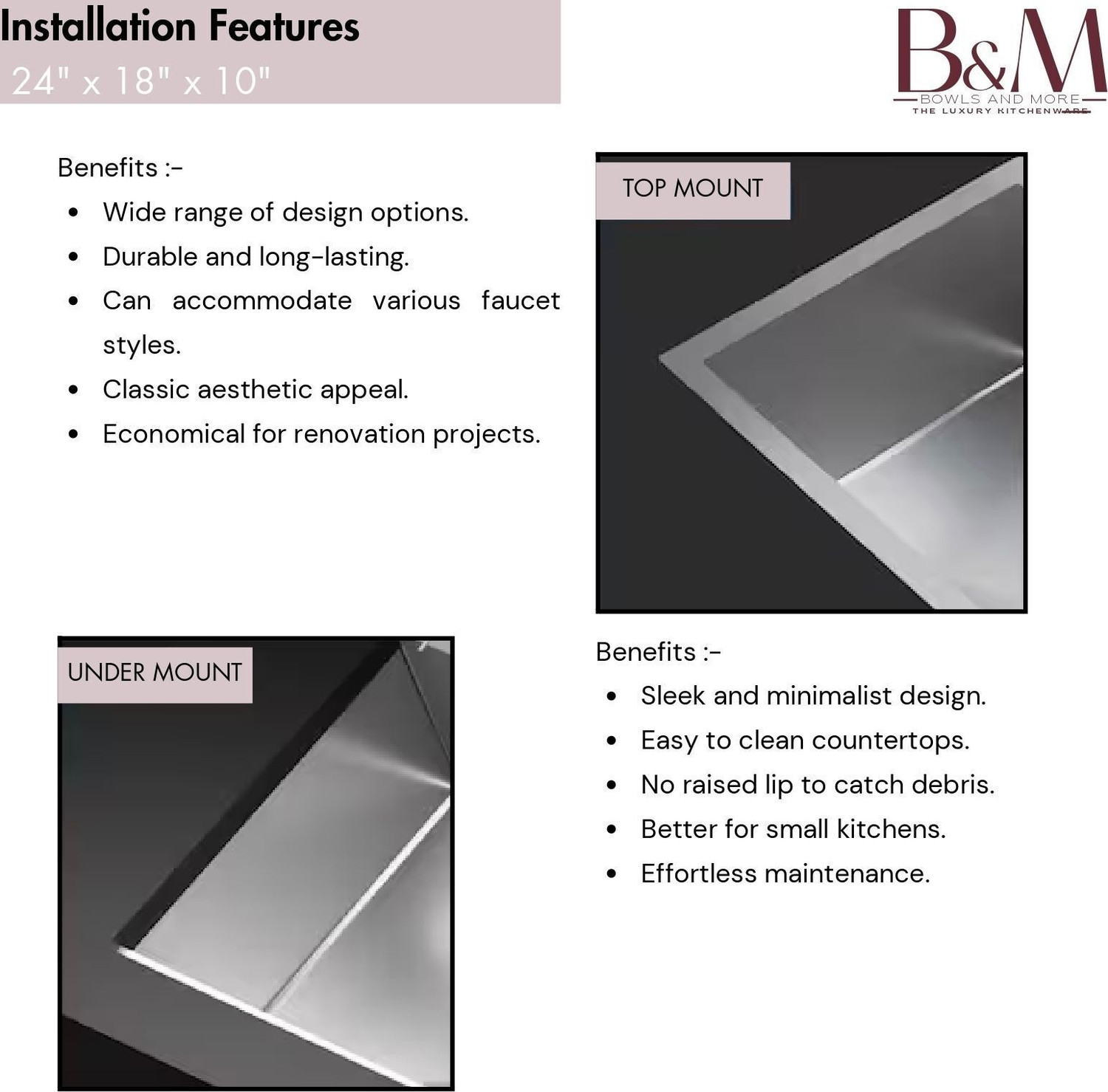 Image of Bowlsandmore 24 inch x 18 inch x 10 inch Handmade Kitchen sink | 304-Grade | Single Bowl Stainless Steel 24 inchx18 inchx10 inch Vessel Sink