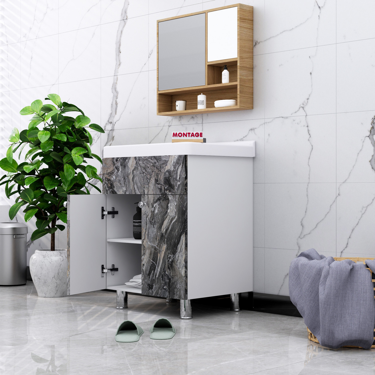 Image of MONTAGE Wash Basin Vanity Cabinet with Ceramic Basin Water Resistant HDHMR Wood Material Best Under Counter Basin
