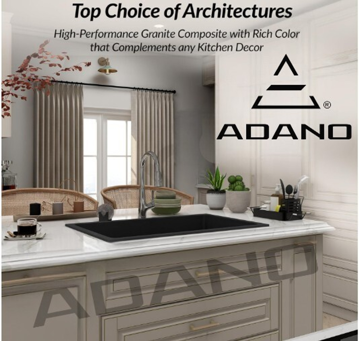 Image of adano Carara Quartz Kitchen Sink 24*18*8 INCH Kitchen /Granite Single Bowl Vessel Sink (BLACK)