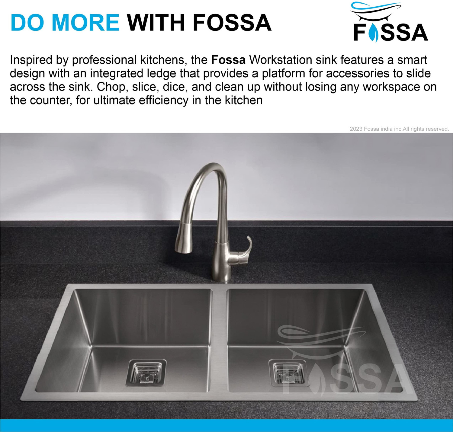 Image of Fossa Classic 45 inchx20 inchx10 inch Inch 5 Years Warranty Double Bowl Kitchen Sink Matte Finish FS-15 Vessel Sink
