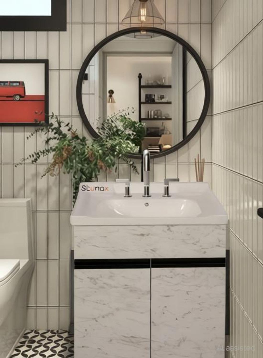 Image of Stymax HDHMR BATHROOM VANITY (WHITE STONE MARBLE PATTERN WITH BLACK EDGE - HANDLE) VSTY0025 Table Top Basin