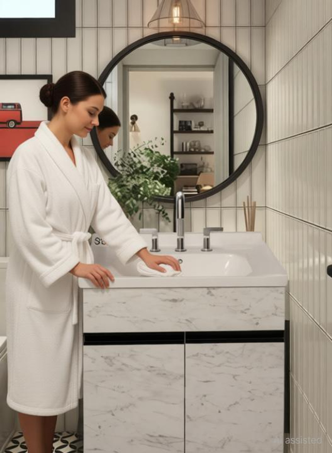 Image of Stymax HDHMR BATHROOM VANITY (WHITE STONE MARBLE PATTERN WITH BLACK EDGE - HANDLE) VSTY0025 Table Top Basin