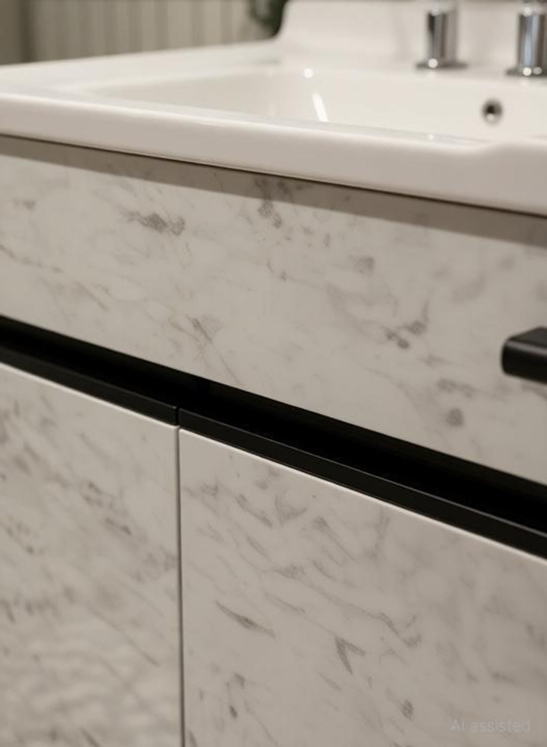 Image of Stymax HDHMR BATHROOM VANITY (WHITE STONE MARBLE PATTERN WITH BLACK EDGE - HANDLE) VSTY0025 Table Top Basin