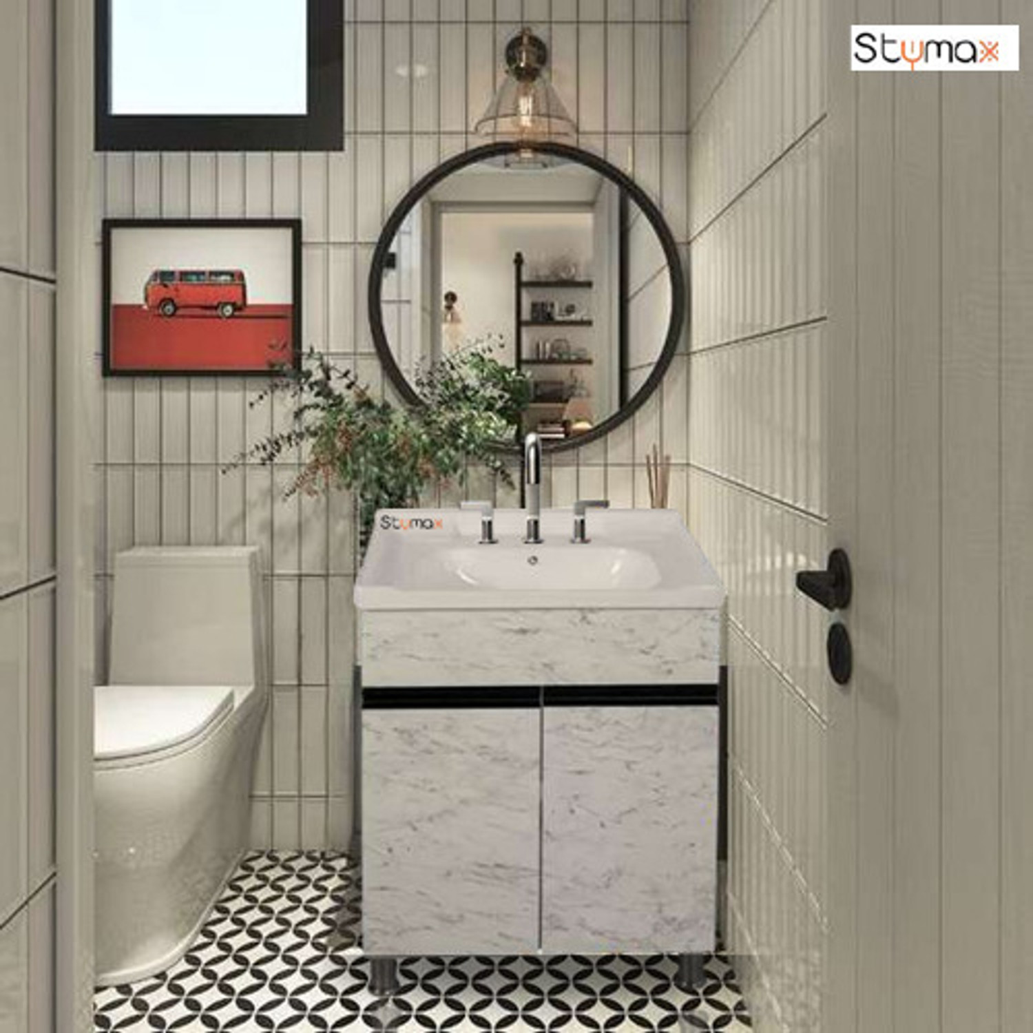 Image of Stymax HDHMR BATHROOM VANITY (WHITE STONE MARBLE PATTERN WITH BLACK EDGE - HANDLE) VSTY0025 Table Top Basin
