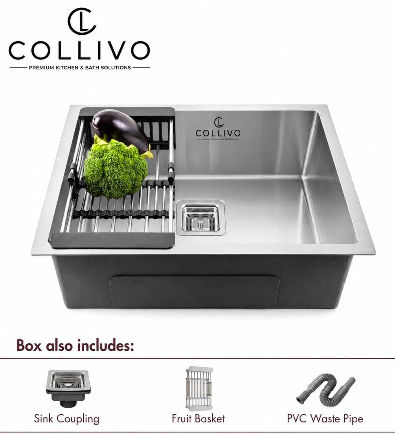 Image of COLLIVO SS 304 Stainless Steel 24 inchx18 inchx10 inch Kitchen Sink with Vegetable Washing Basket Handmade Kitchen Sink Vessel Sink (SILVER)