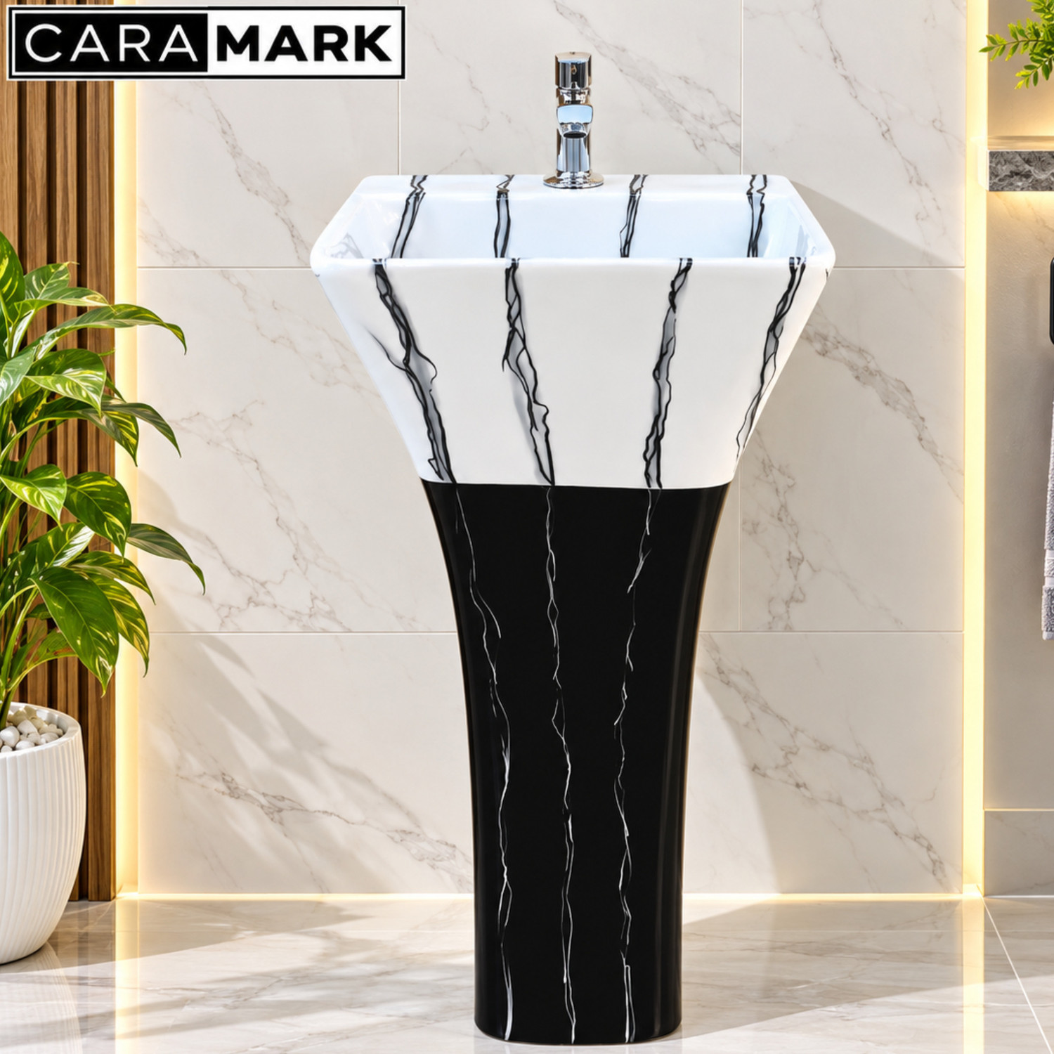 Image of CARA MARK Basin|Wash basin|Free Standing Washbasin| Modern Pedestal Washbasin| Pedestal WashBasin|WashBasin Pedestal|Pedestal Free Standing WashBasin| Pedestal Basin (WHITE AND BLACK WITH GREY FIGURE SCRETCH PROOF)