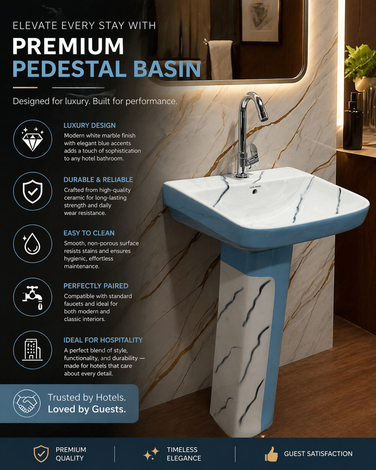 Image of LUXEHOME Elegant Ceramic Standing Wash Basin with Pedestal - Glossy Finish Modern Designer Pedestal Wash Basin Sink for Bathroom Home Decor Stylish Finish Pedestal Basin