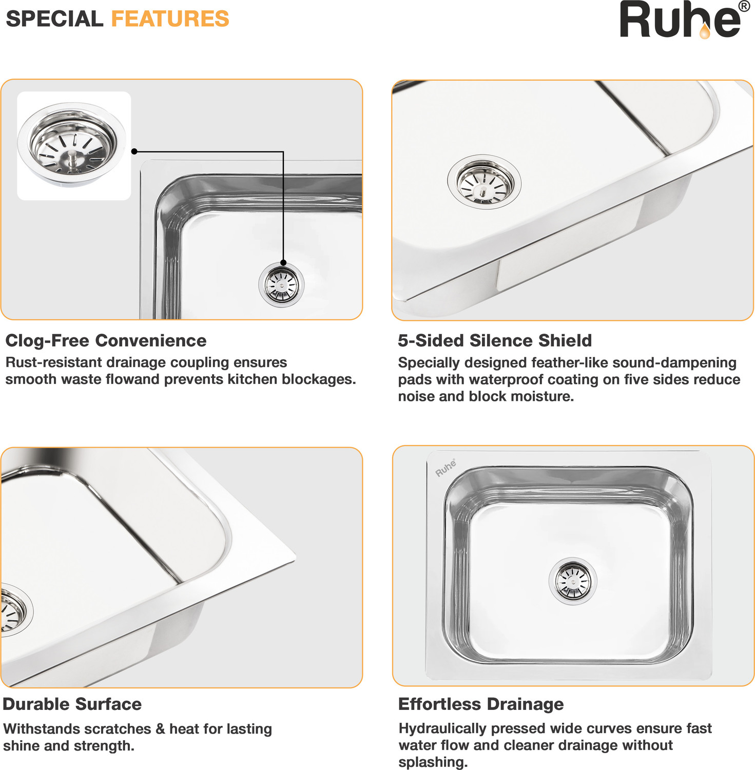 Image of RUHE Square Single Bowl 24x18x9 Inches Kitchen Sink| Premium Stainless Steel Sink 24X18X9Inches Vessel Sink