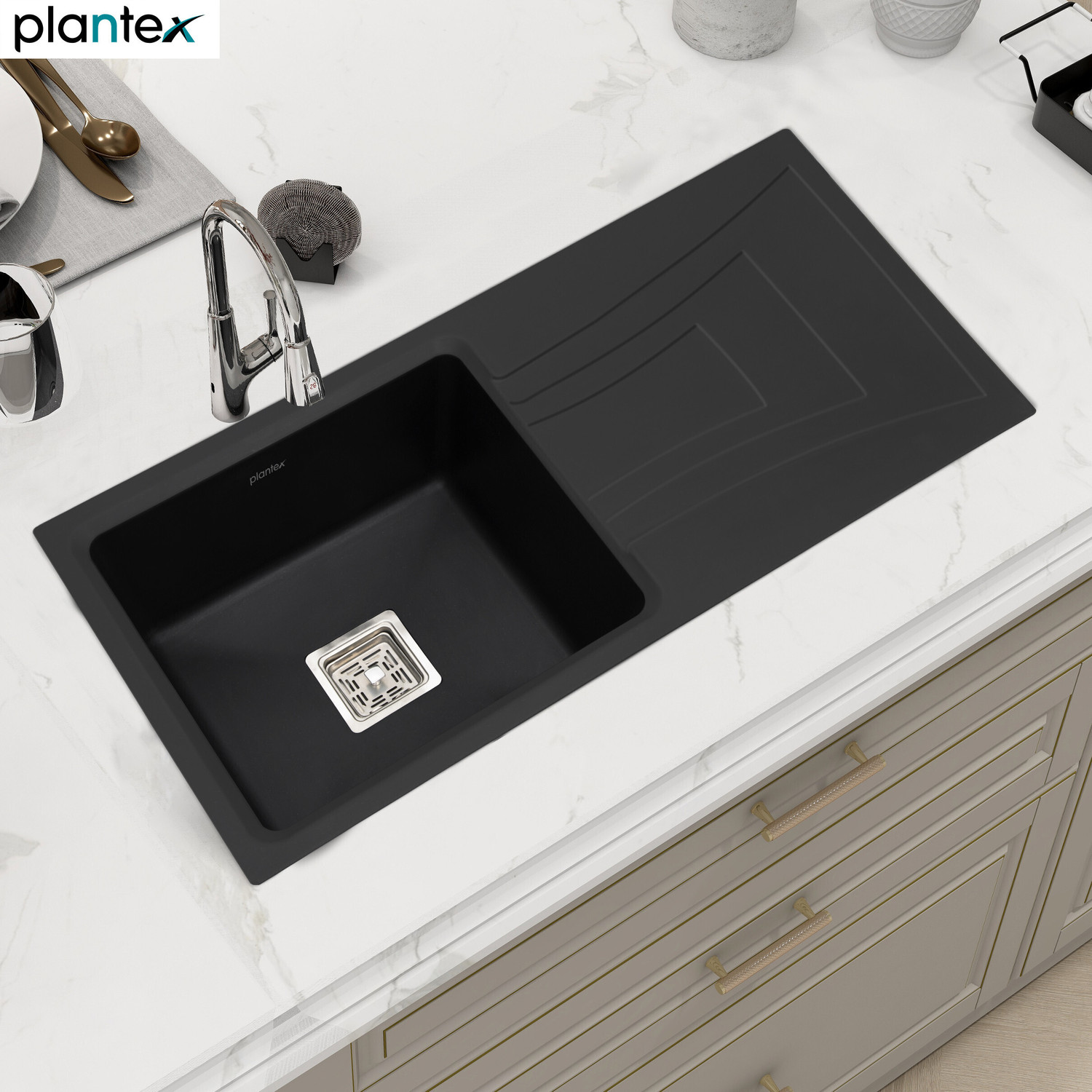 Image of Plantex Granite Quartz Single Bowl Kitchen Sink With Drain Board (36x18 inches) APS-2026 Under Counter Basin