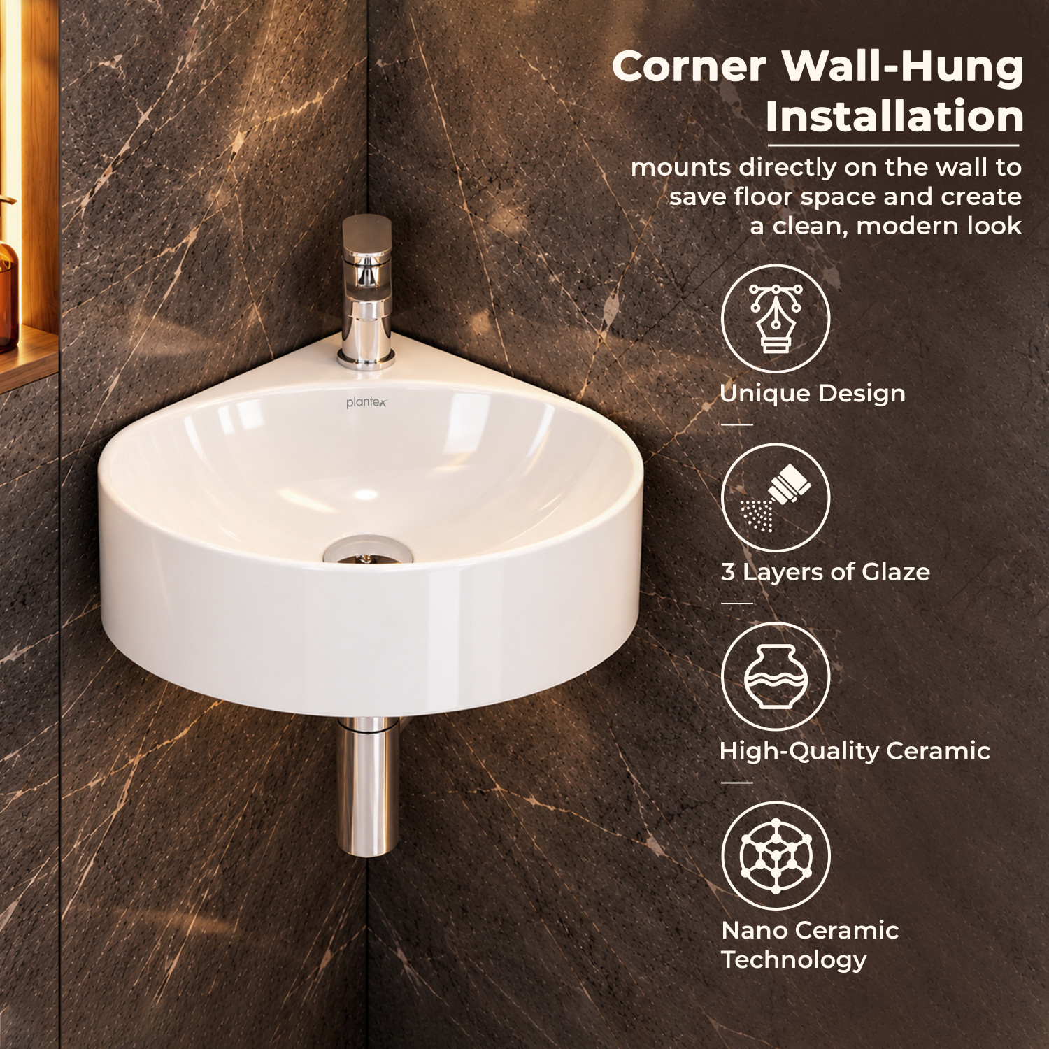 Image of Plantex Ceramic Wall Hung Basin /Corner Bathroom Basin /Wall Mounted Wash Basin-(EVA) Corner Basin (White)