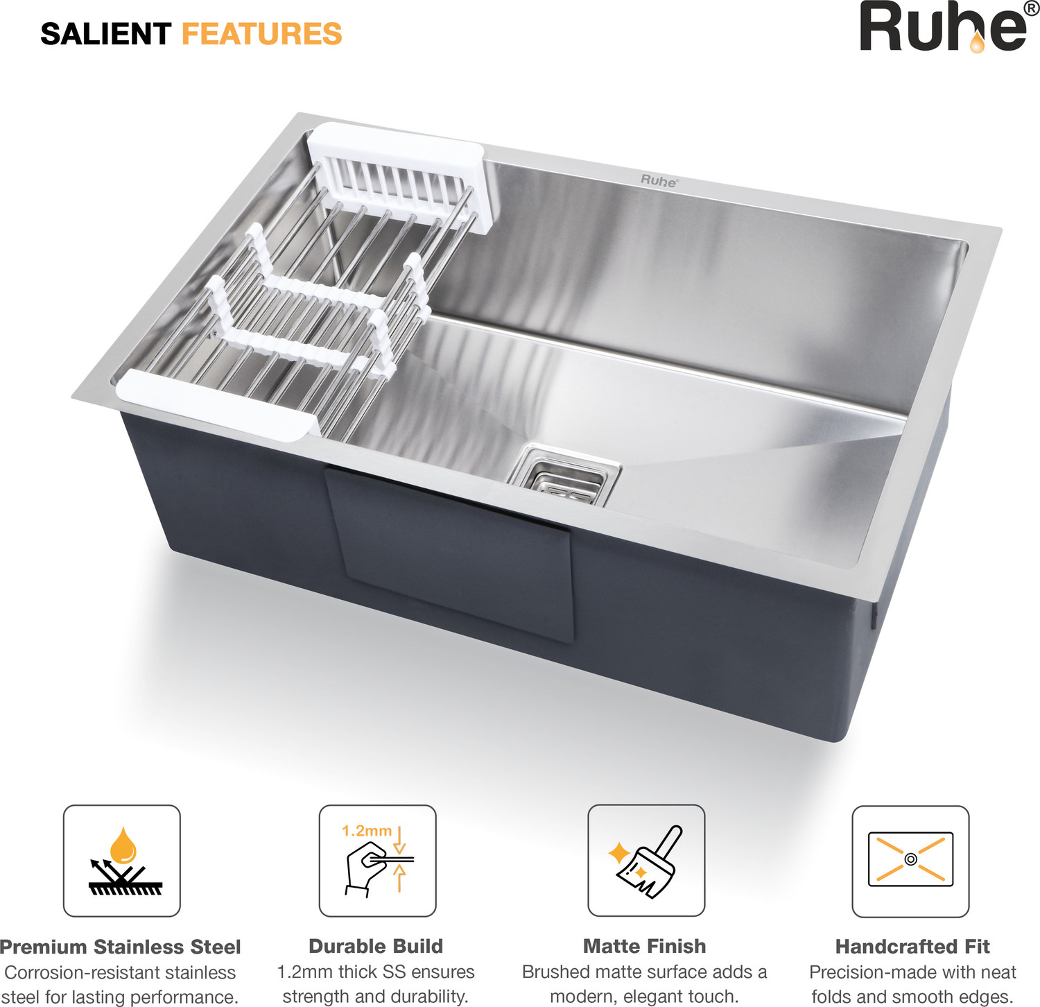 Image of RUHE Exclusive Handmade Stainless Steel Single Bowl Kitchen Sink | 32x20x10 Inches| Exclusive Handmade Stainless Steel Single Bowl Kitchen Sink Vessel Sink