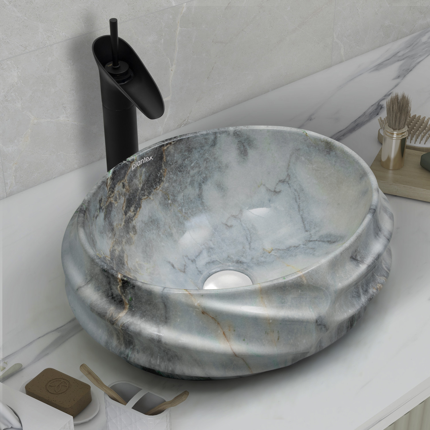 Image of Plantex Ceramic Basin for Bathroom /Table Top Ceramic Basin /Washbasin for Bathroom (SPIRAL-1013-Marble Finish) Counter Top (Multicolor)